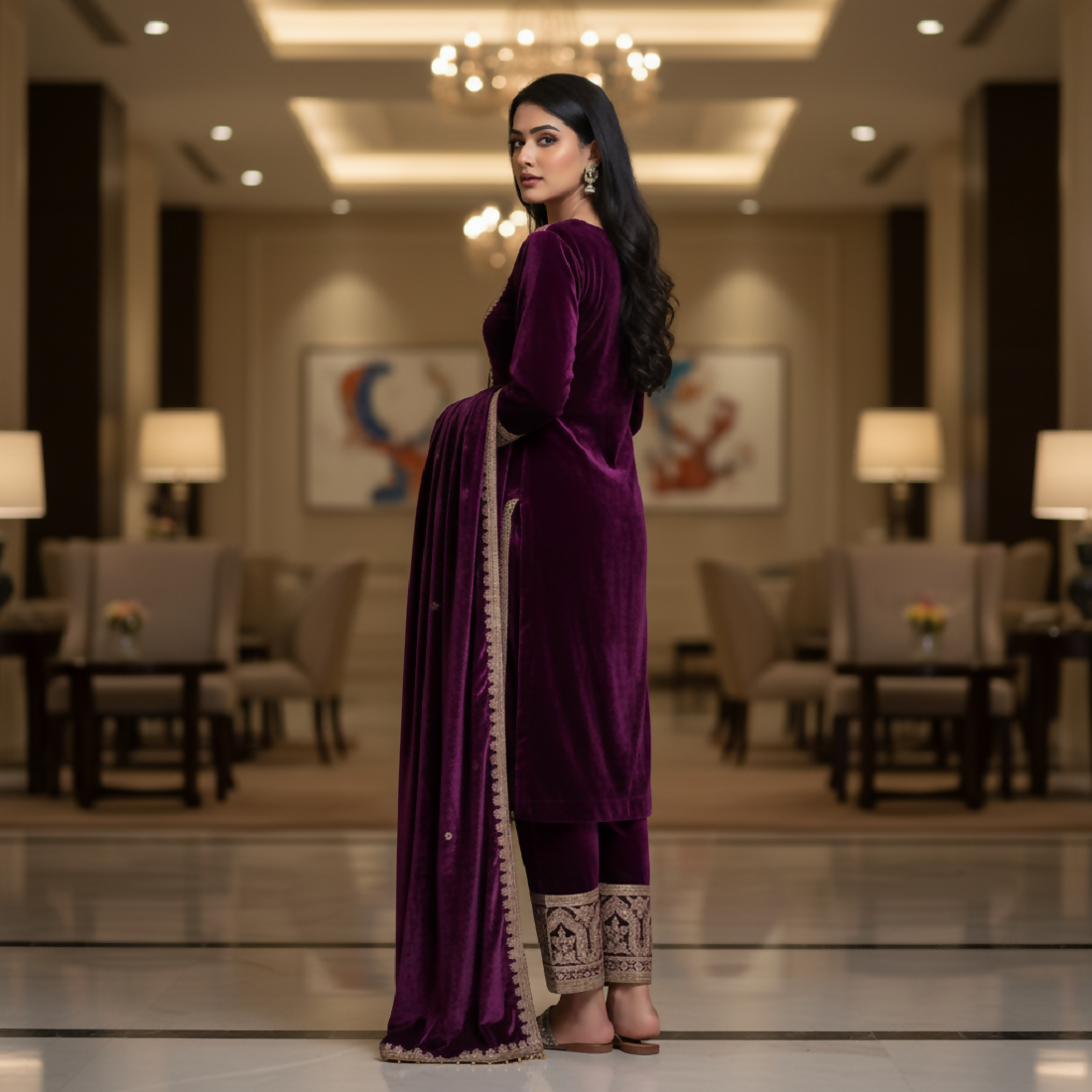 Joban Fashion Purple Velvet Embroidery Sequence Work Readymade Kurta Set - Distacart