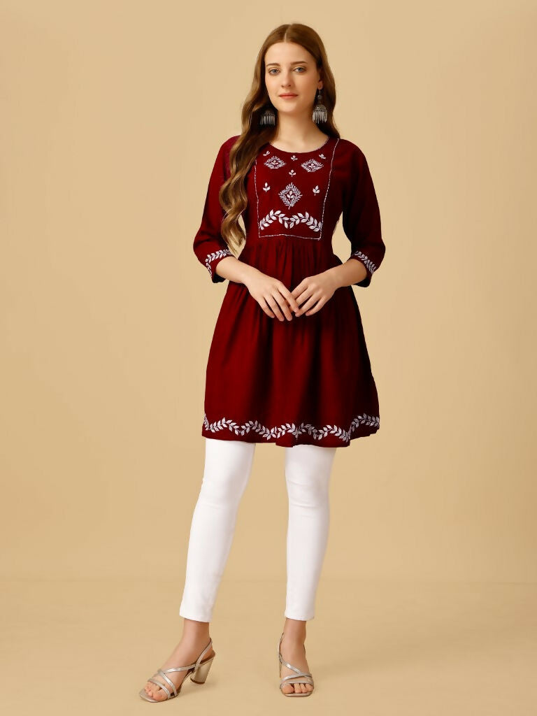 Jyoti Fashion Women's Maroon Viscose Rayon Embroidered Casual Top - Distacart