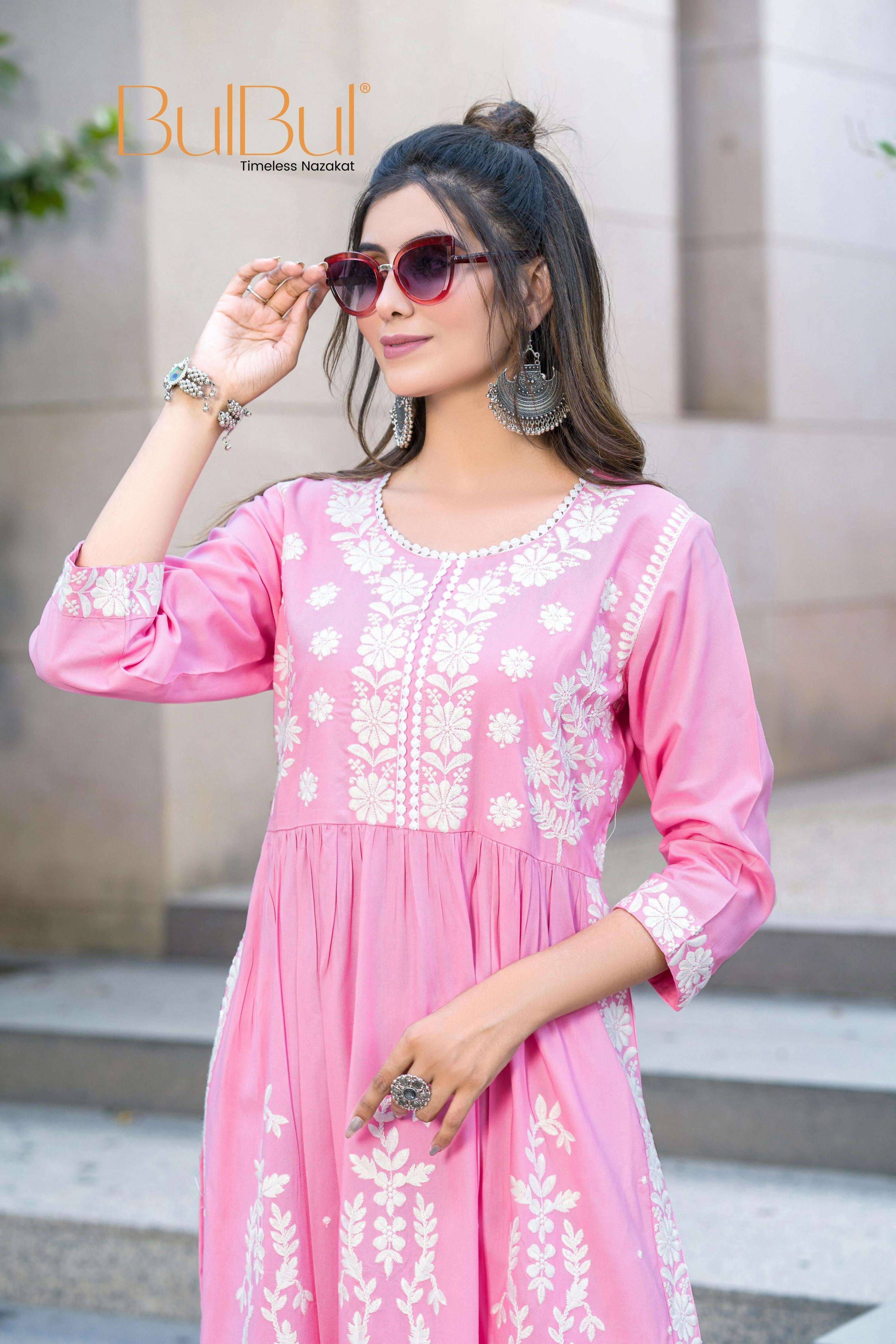 BulBul Arushi Pink Rayon Kurta Set with Lucknowi Work