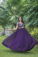Thumbnail for Jyoti Fashion Women's Purple Sequins Embroidered Faux Georgette Anarkali Dress - Distacart