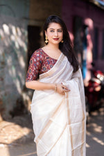 Thumbnail for White Silk Blend Kalamkari Saree with Unstitched Blouse - Hiral Fashion - Distacart