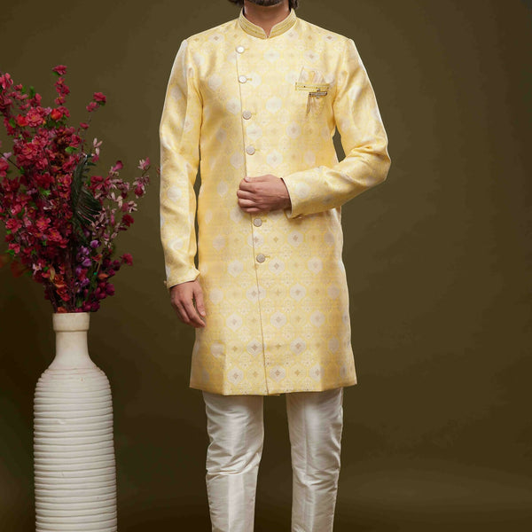 Raivat Ethnic Banarasi Jacquard Embroidery Semi Indo Western Sherwani In Yellow Colour