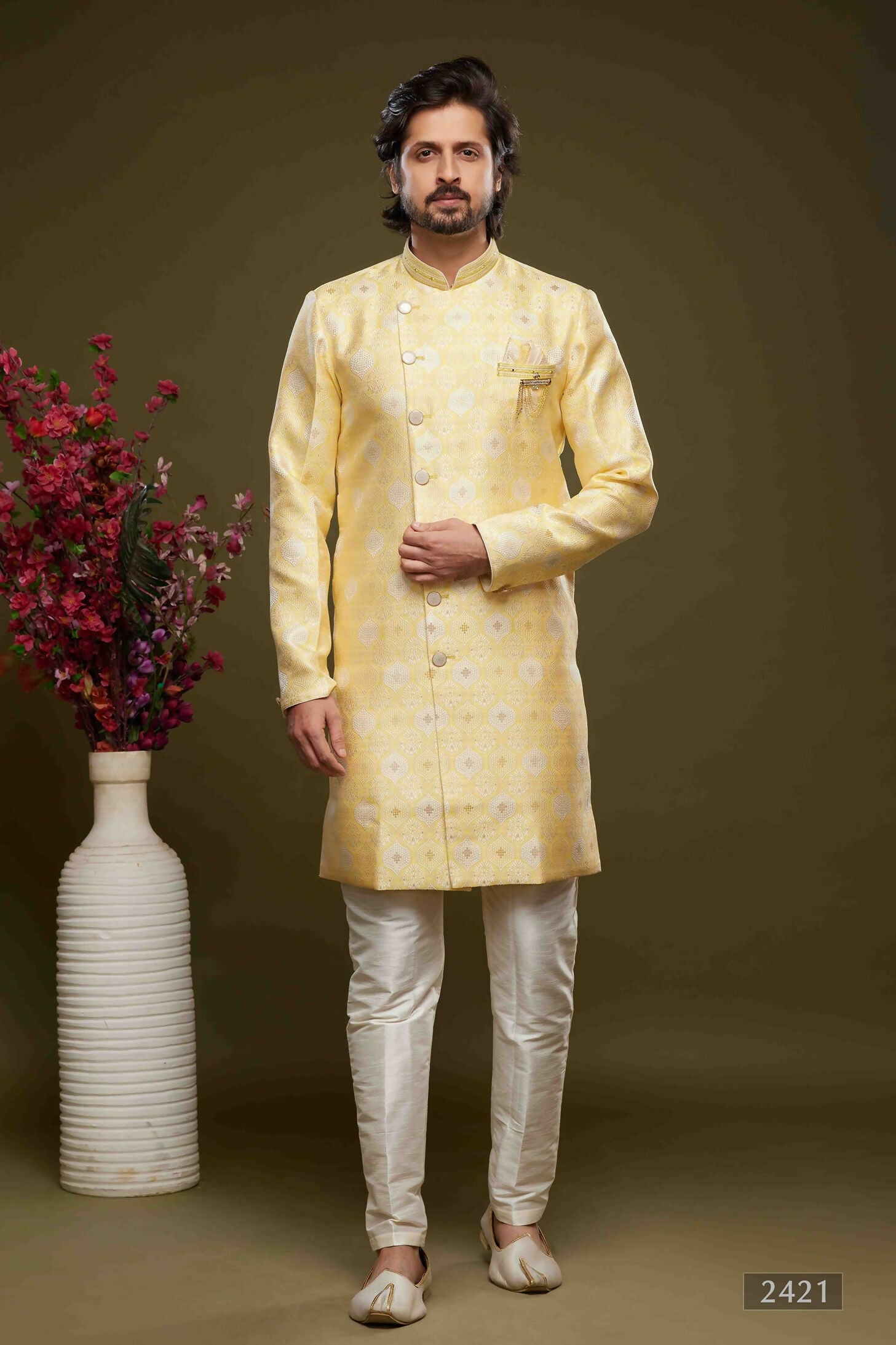 Raivat Ethnic Banarasi Jacquard Embroidery Semi Indo Western Sherwani In Yellow Colour
