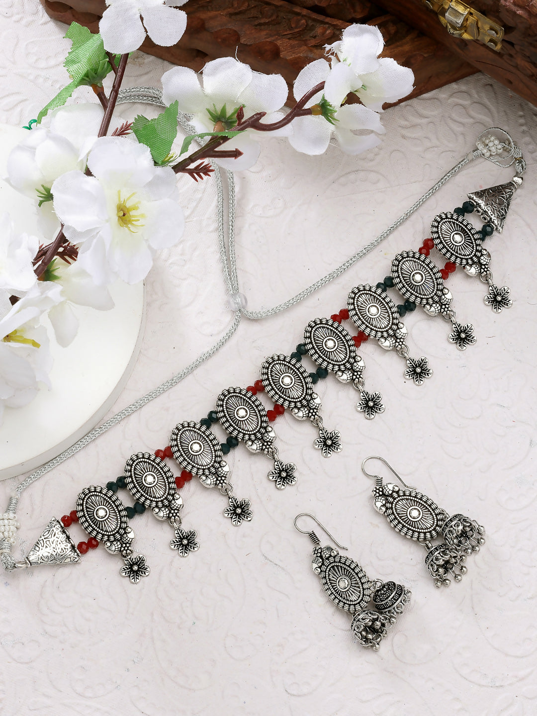 NVR Women's Silver-Plated Choke Oxidized Necklace with Jhumka Earrings - Distacart
