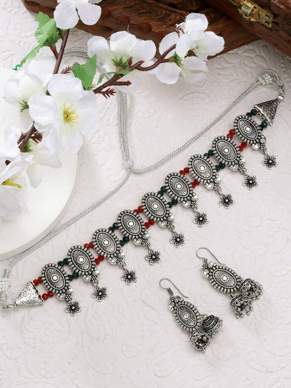 NVR Women's Silver-Plated Choke Oxidized Necklace with Jhumka Earrings - Distacart