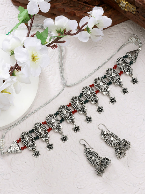 NVR Women's Silver-Plated Choke Oxidized Necklace with Jhumka Earrings - Distacart