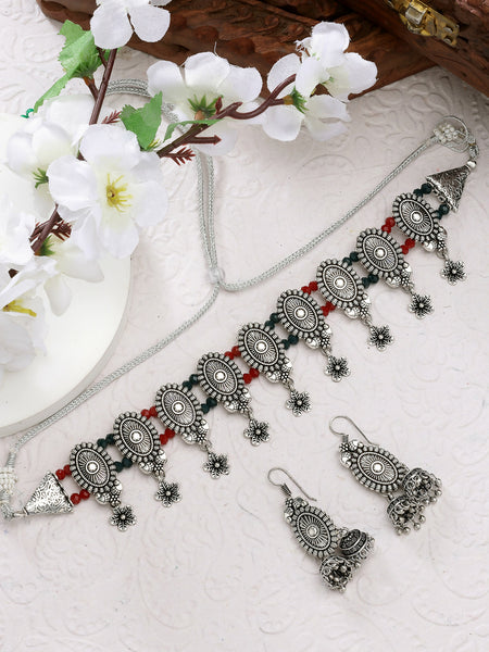 NVR Women's Silver-Plated Choke Oxidized Necklace with Jhumka Earrings - Distacart