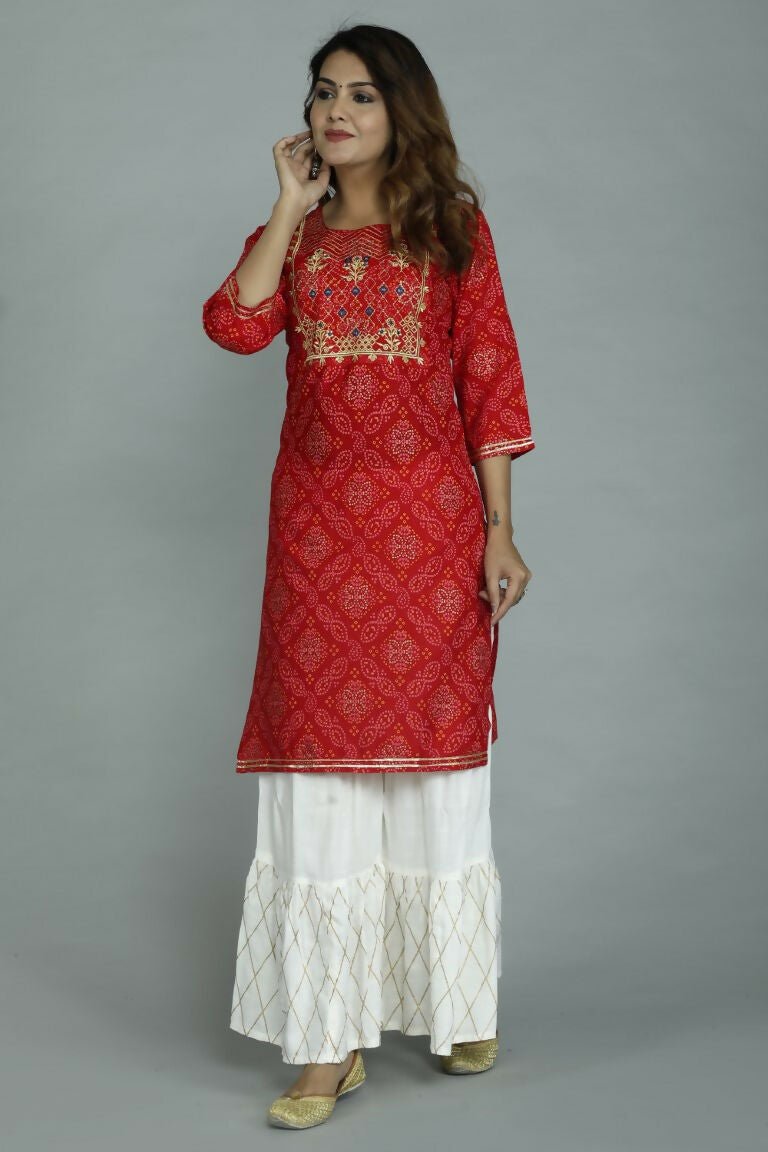 Alvano Printed Stylish A-line Kurti with Sharara set for Women and Girls Rayon (Orange) - Distacart
