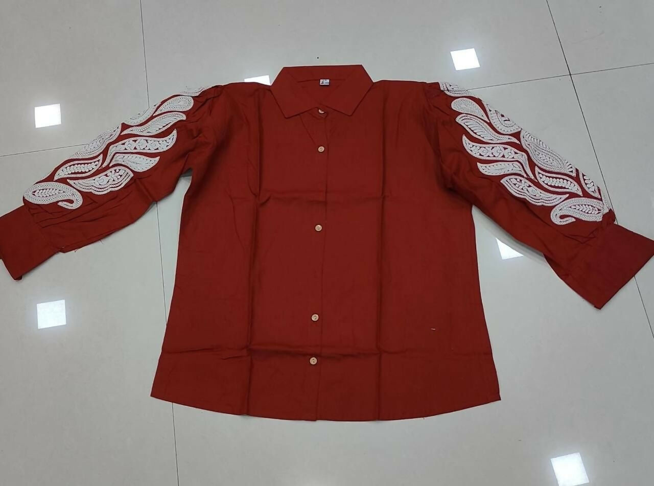 Teeya Creation Women Trendy Rust Cotton Button-Down Top with White Contrast Embroidered Sleeves - Dista