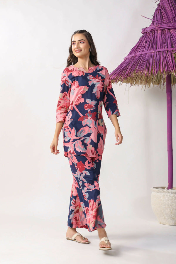 Pink Printed Pure Cotton A-Line Kurta Trouser Set