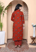Thumbnail for Miravan Womens Rust Animal Printed Three Quarter Sleeves Pure Cotton Kurta With Palazzo - Distacart