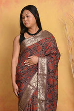 Thumbnail for Very Much Indian Modal Silk Ajrakh Handblock Printed Natural Dyes With Designer Border Saree - Maroon - Distacart