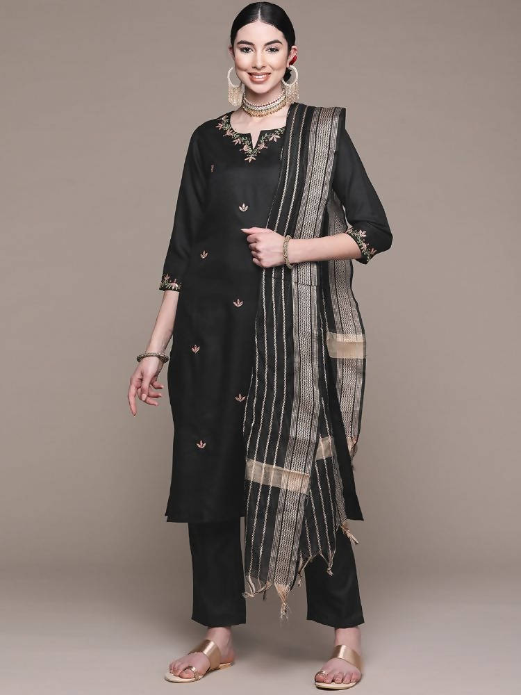 Anubhutee Black Floral Embroidered Thread Work Kurta with Trousers & With Dupatta - Distacart