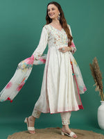 Thumbnail for Sangria White Floral Embroidered Mirror Work Angarakha Kurta With Trousers & Dupatta - Distacart