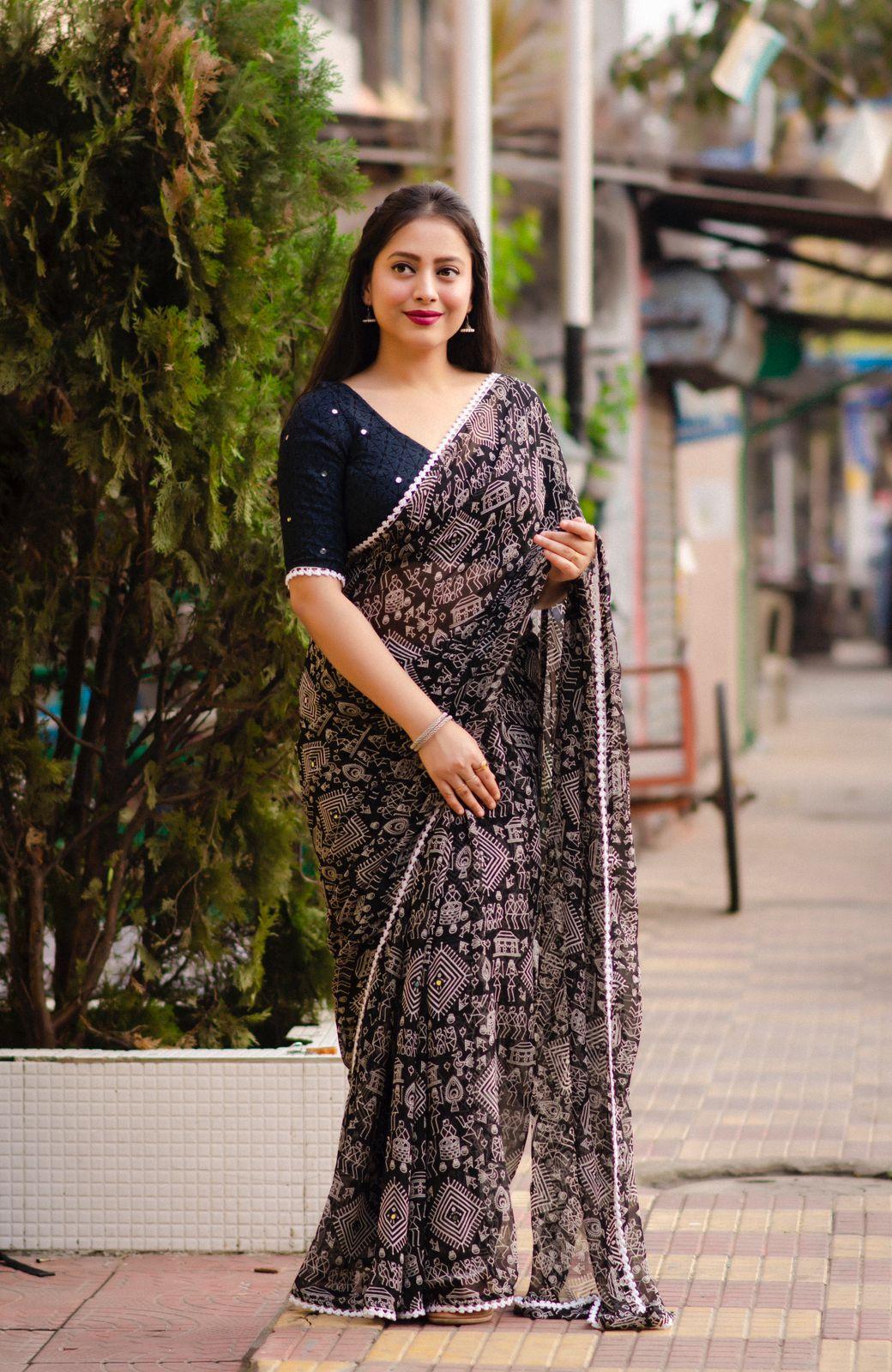 Black Poly Georgette Ethnic Motifs Saree with Unstitched Blouse - A2M - Distacart