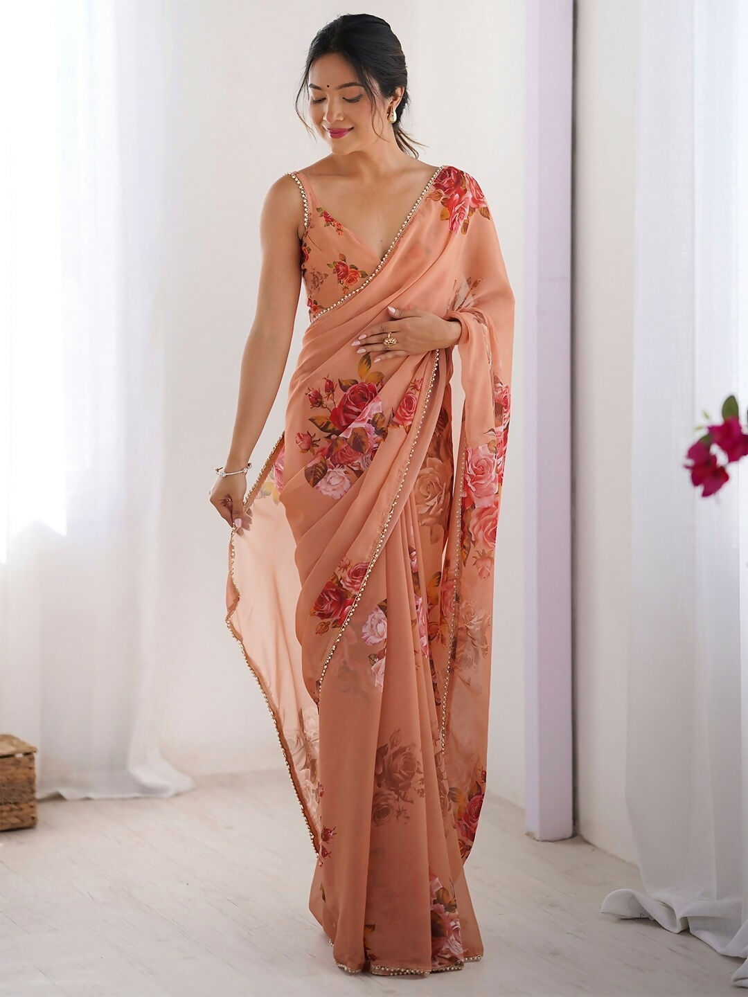 Traditional Partywear Peach Georgette Fancy Saree-Pavitra