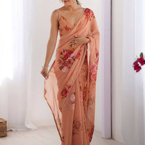 Traditional Partywear Peach Georgette Fancy Saree-Pavitra - Distacart