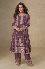 Thumbnail for Anaita Purple Chinon Silk Stitched Suit with Embroidery & Sequence Work - Distacart