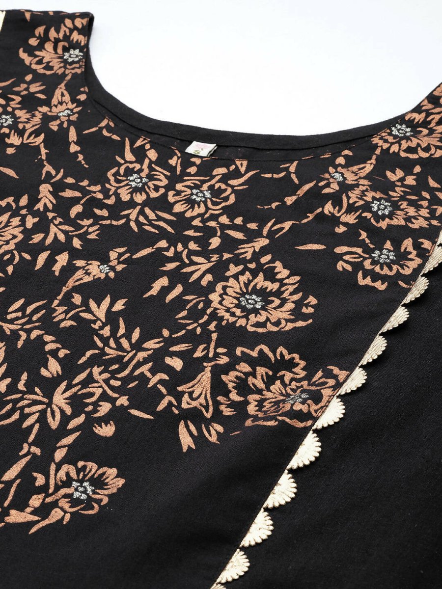 Ahalyaa Women Black Floral Printed Pure Cotton Kurta with Palazzos - Distacart