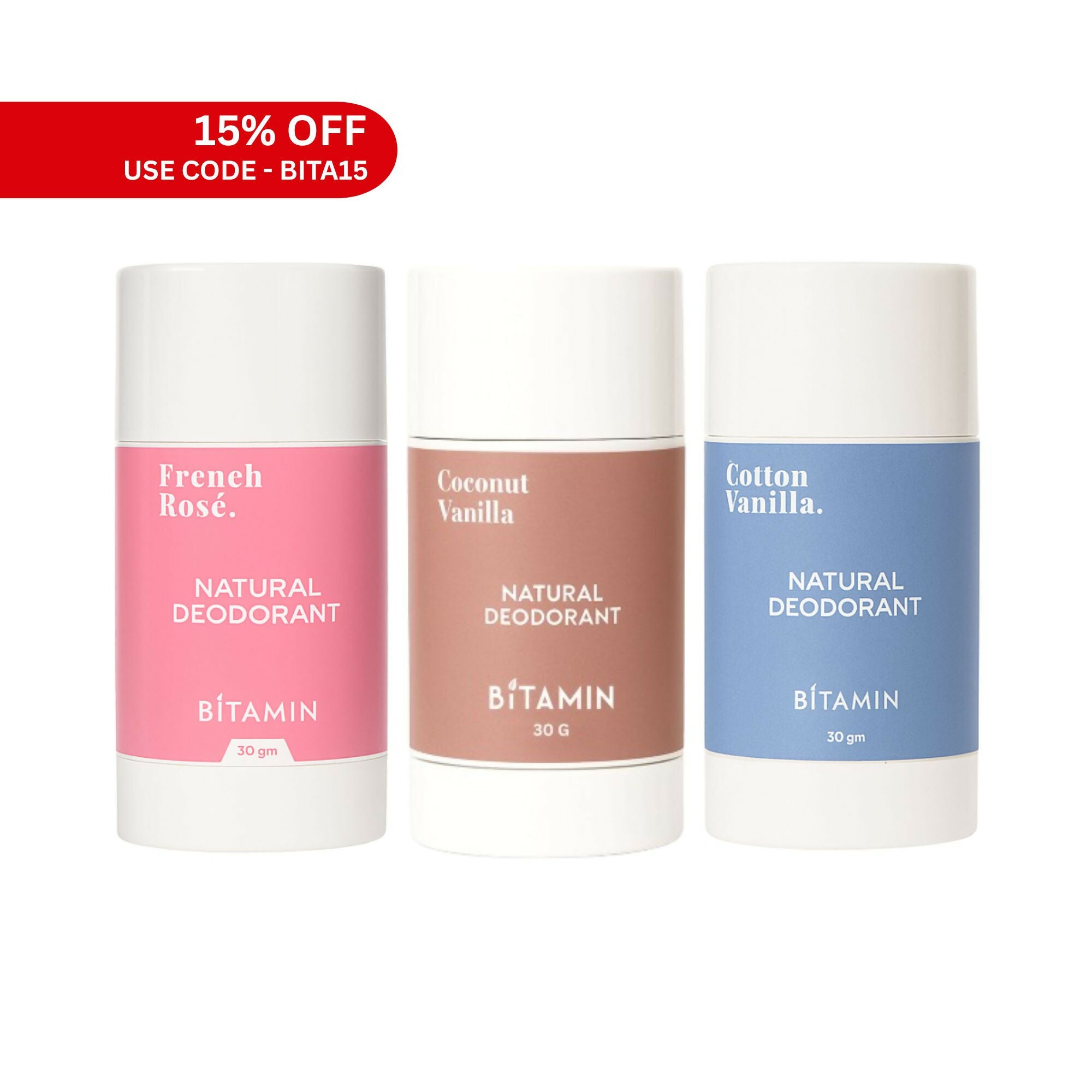 Bitamin Natural Deodorant Cotton Vanilla, Coconut Vanilla, Freneh Rose Roll On