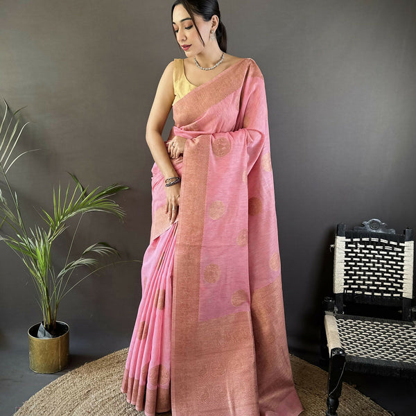 Joban Fashion Pastel Pink Floral & Paisley  Linen Silk Banarasi Saree - Distacart