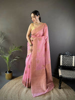 Thumbnail for Joban Fashion Pastel Pink Floral & Paisley  Linen Silk Banarasi Saree - Distacart