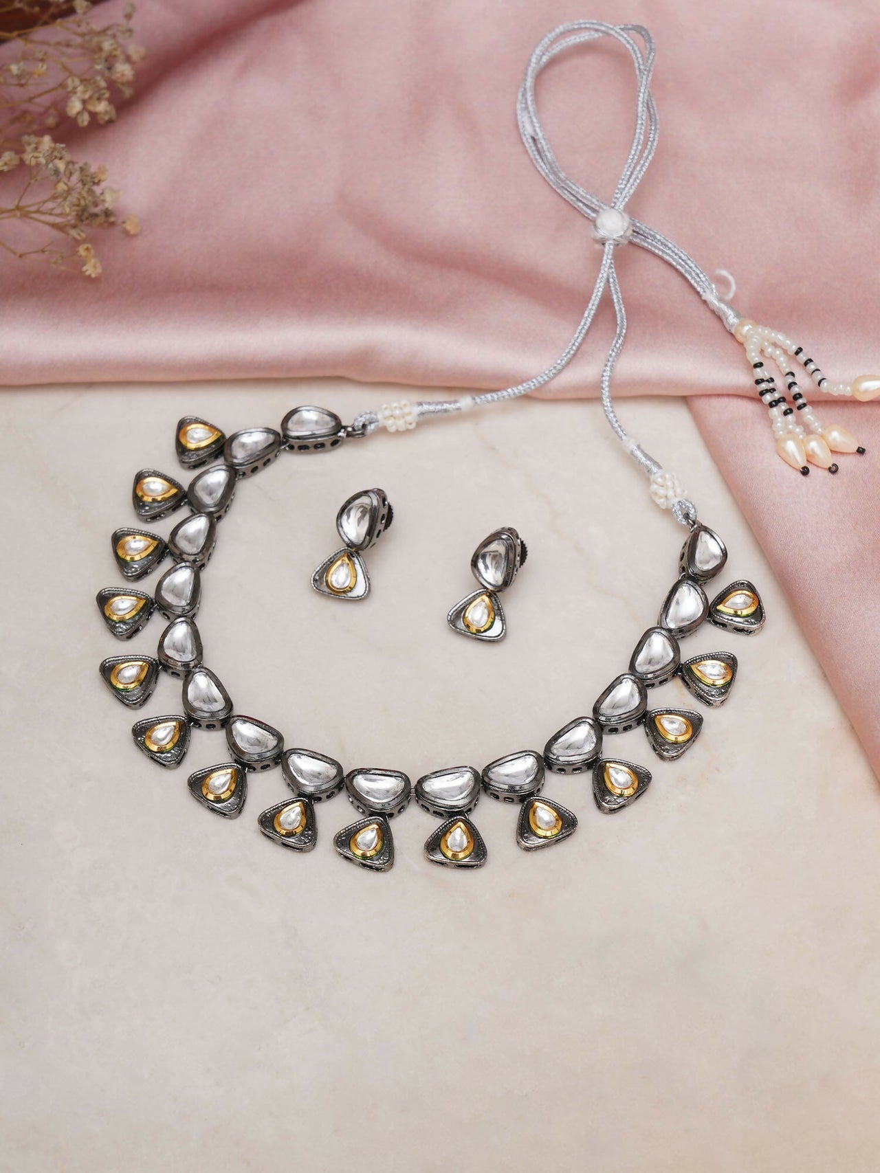 Dual Tone Kundan Neckpiece with Earrings Jewellery Set (silver) - Ruby Raang - Distacart
