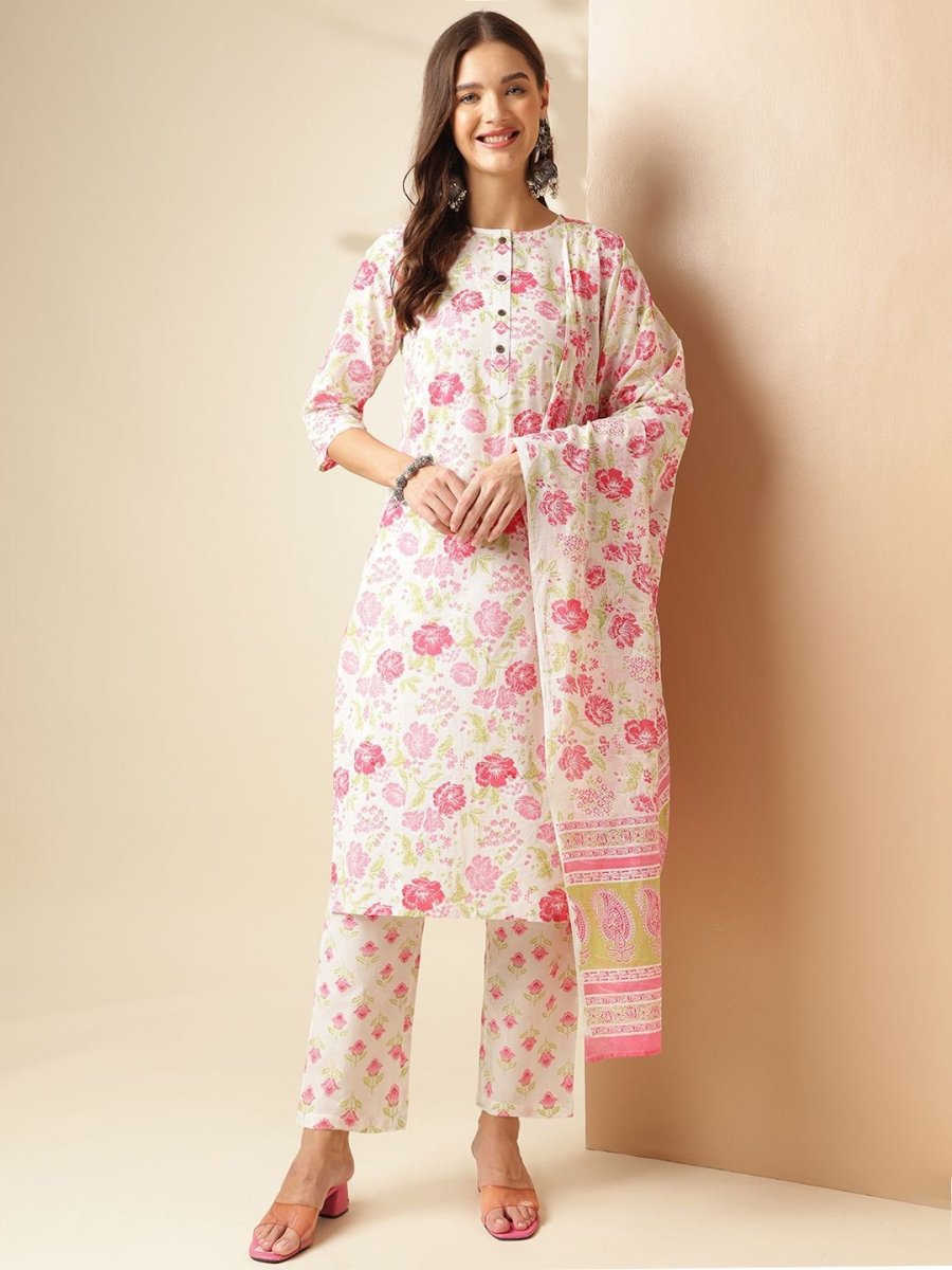 Anouk Floral Printed Round Neck Regular Pure Cotton Kurta With Trouser With Dupatta