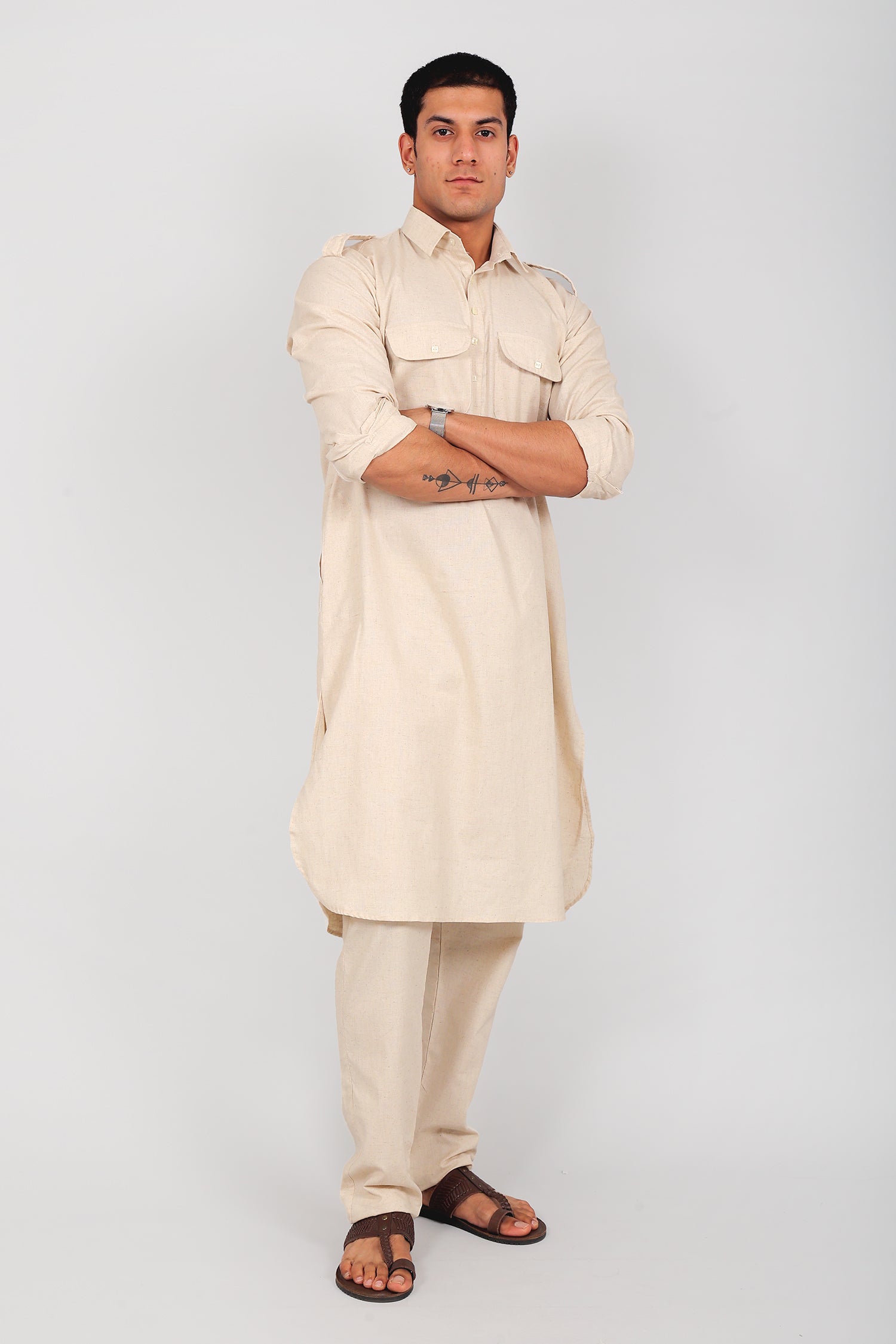 Bluesaanchi Men's Pathani Cream Color Kurta With Trouser Pant - Distacart