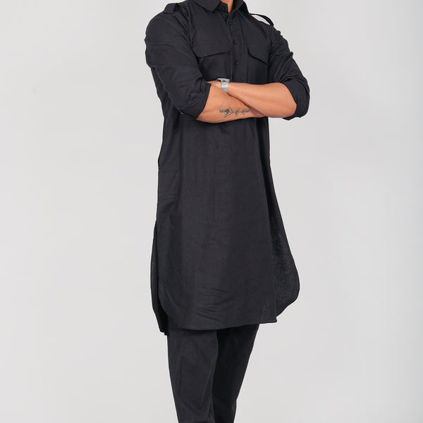 Bluesaanchi Men's Pathani Black Color Kurta With Trouser Pant - Distacart