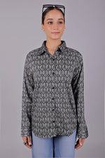 Thumbnail for Bluebird Women's Black Geometric Printed Satin Shirt