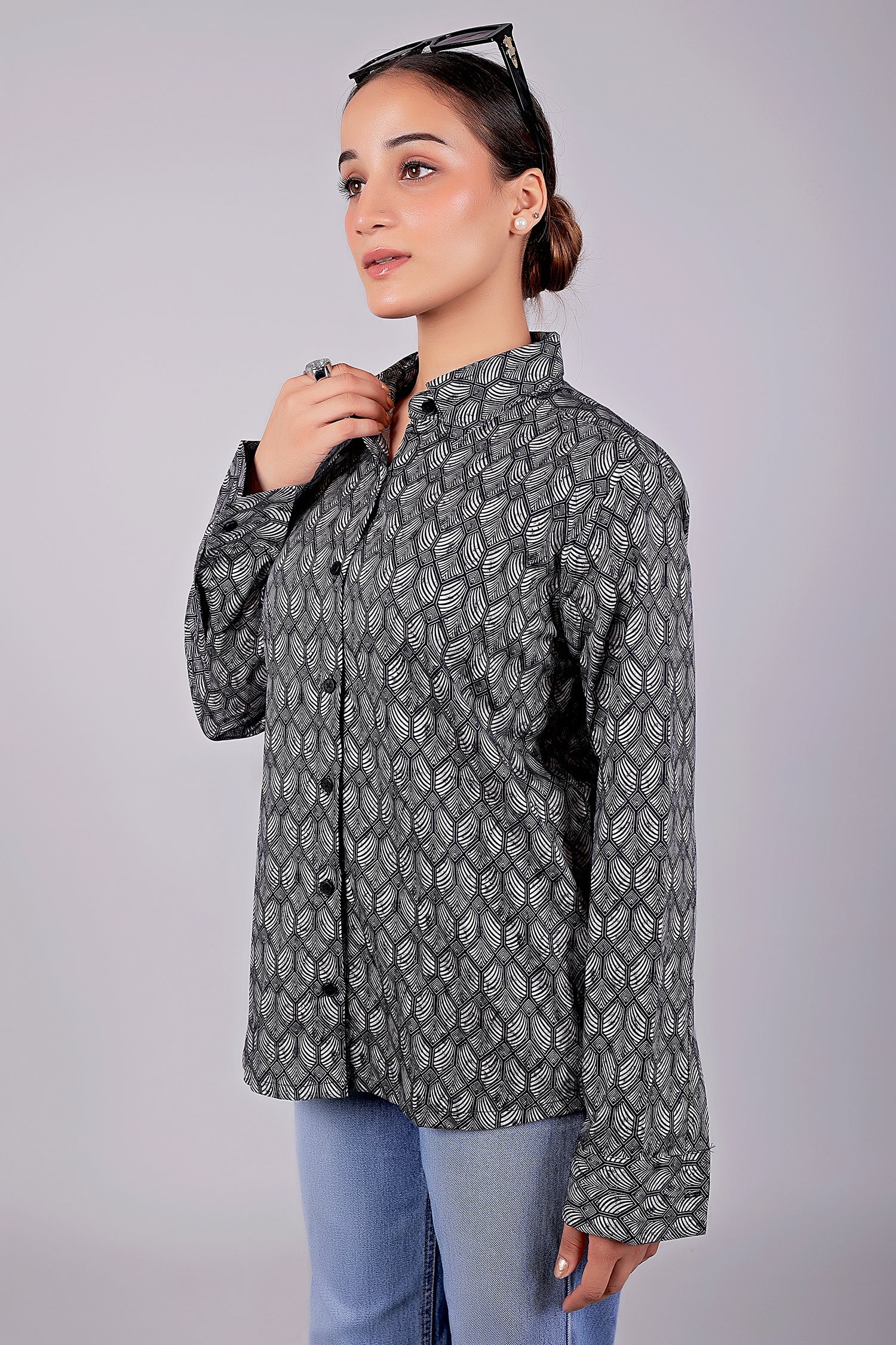 Bluebird Women's Black Geometric Printed Satin Shirt - Distacart