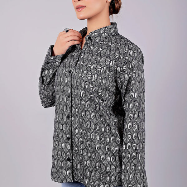 Bluebird Women's Black Geometric Printed Satin Shirt - Distacart