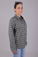 Thumbnail for Bluebird Women's Black Geometric Printed Satin Shirt