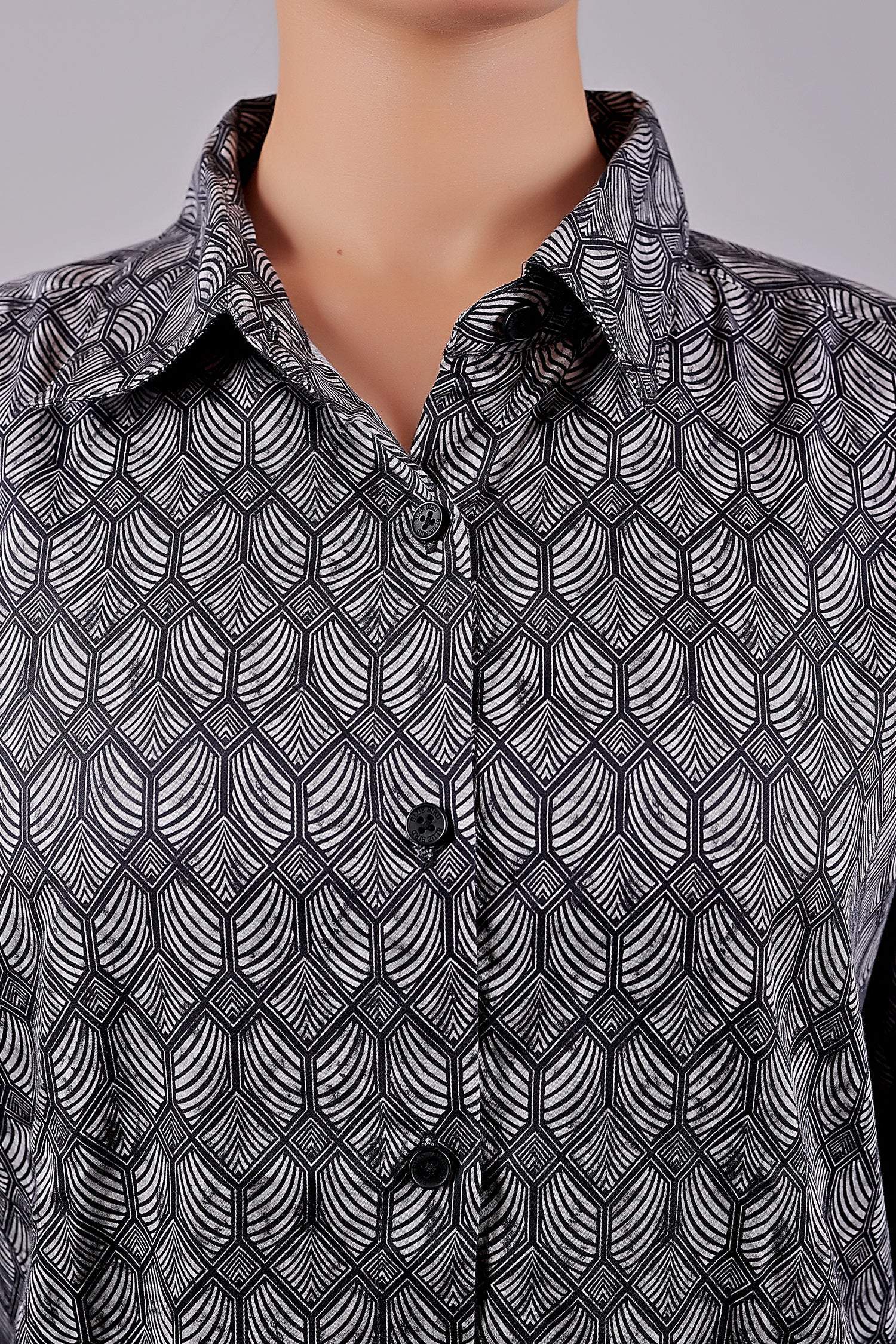 Bluebird Women's Black Geometric Printed Satin Shirt - Distacart