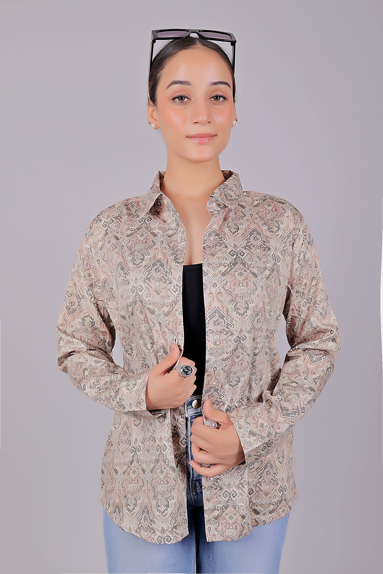 Bluebird Women's Brown Printed Satin Shirt - Distacart