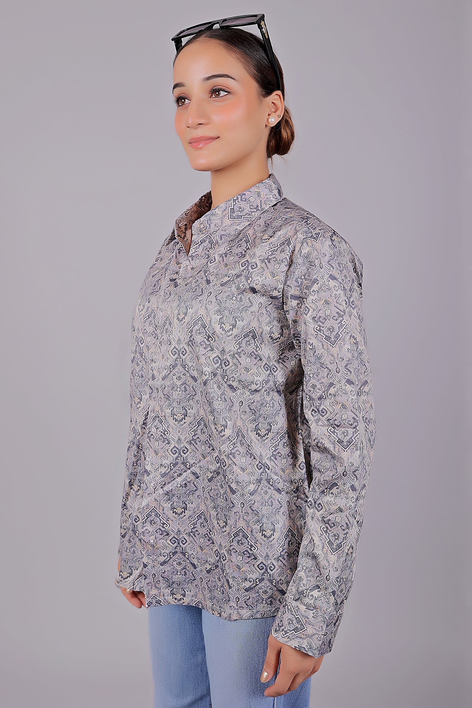Bluebird Women's Grey Printed Satin Shirt - Distacart