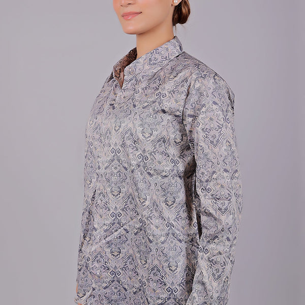 Bluebird Women's Grey Printed Satin Shirt - Distacart