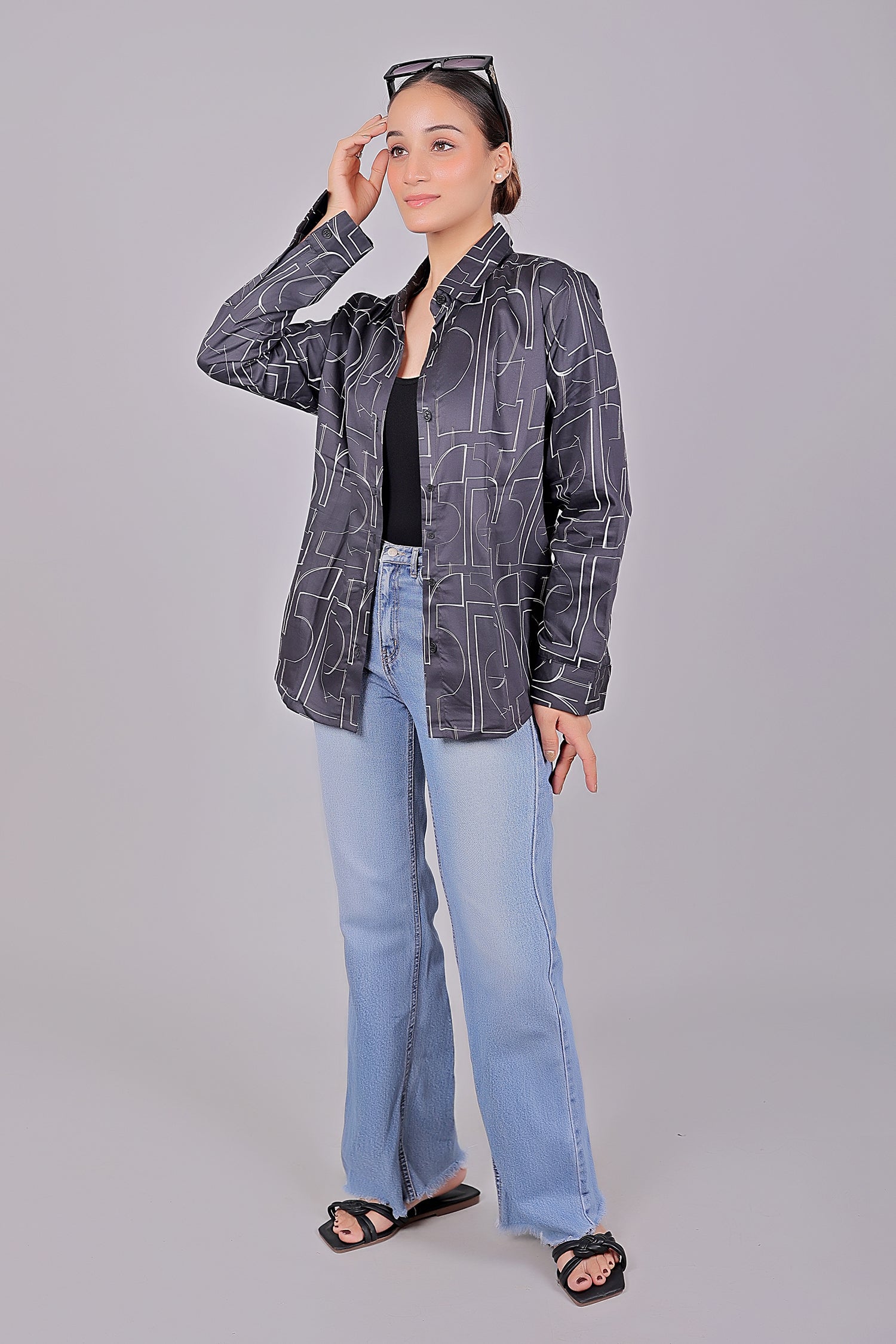 Bluebird Women's Black Printed Satin Shirt - Distacart