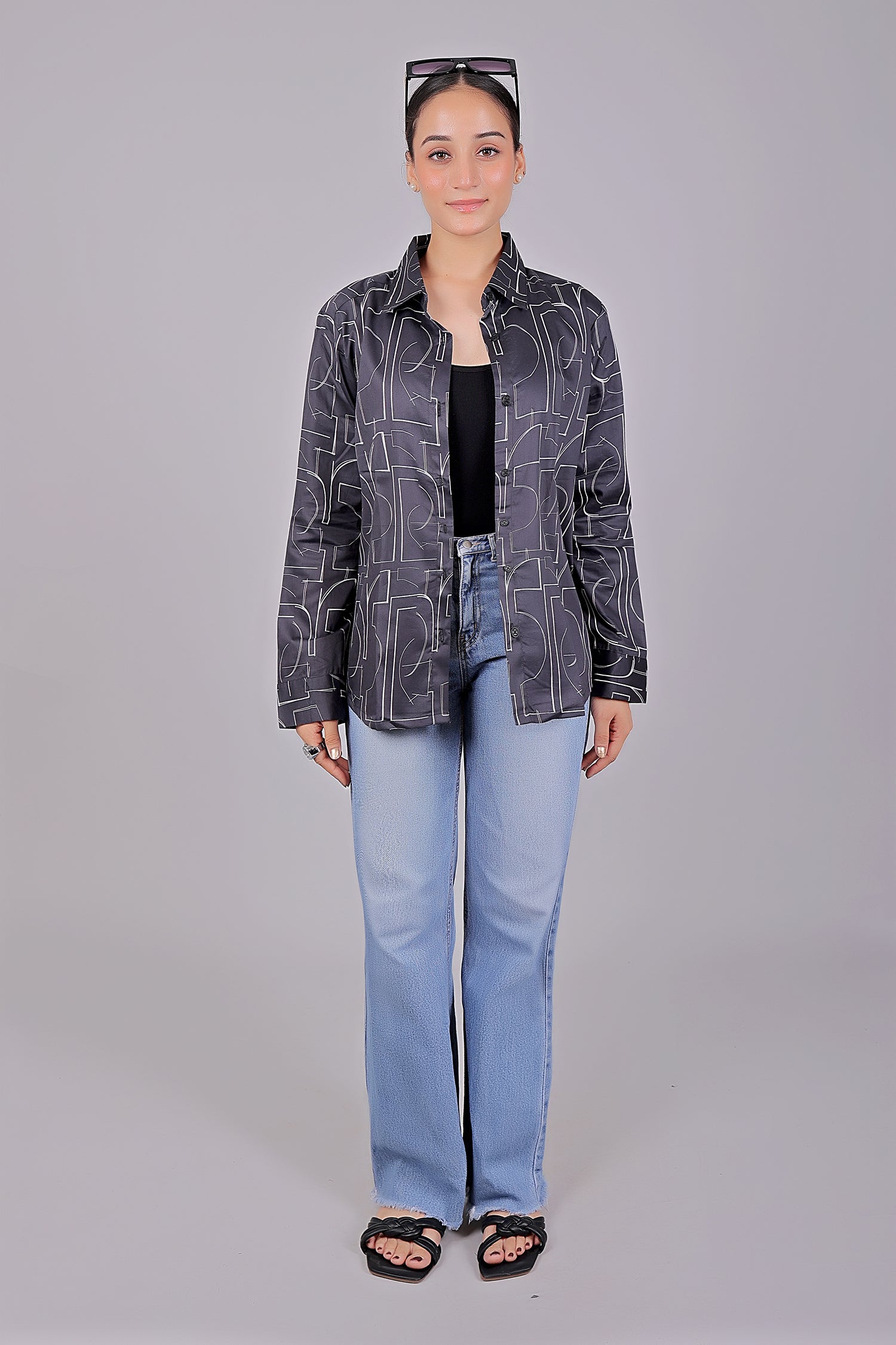 Bluebird Women's Black Printed Satin Shirt - Distacart