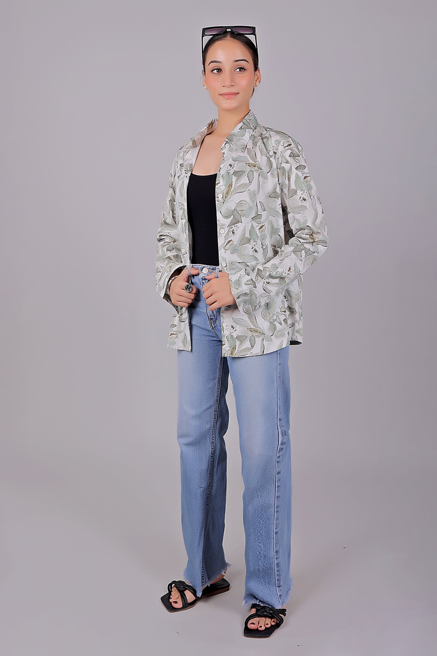 Bluebird Women's White Green Leaf Printed Satin Shirt - Distacart