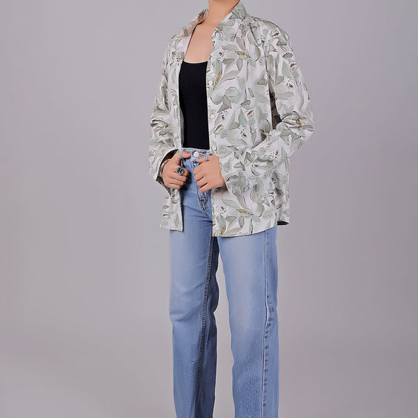 Bluebird Women's White Green Leaf Printed Satin Shirt - Distacart