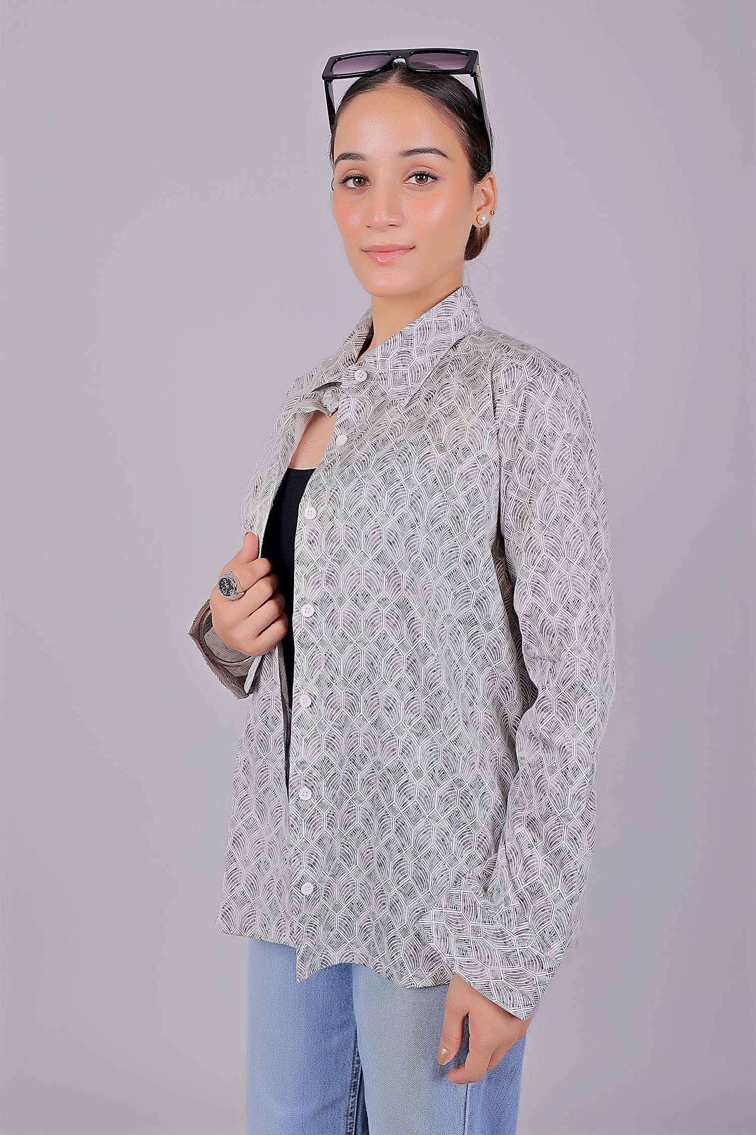 Bluebird Women's White Grey Print Satin Shirt - Distacart