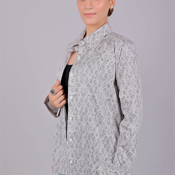 Bluebird Women's White Grey Print Satin Shirt - Distacart