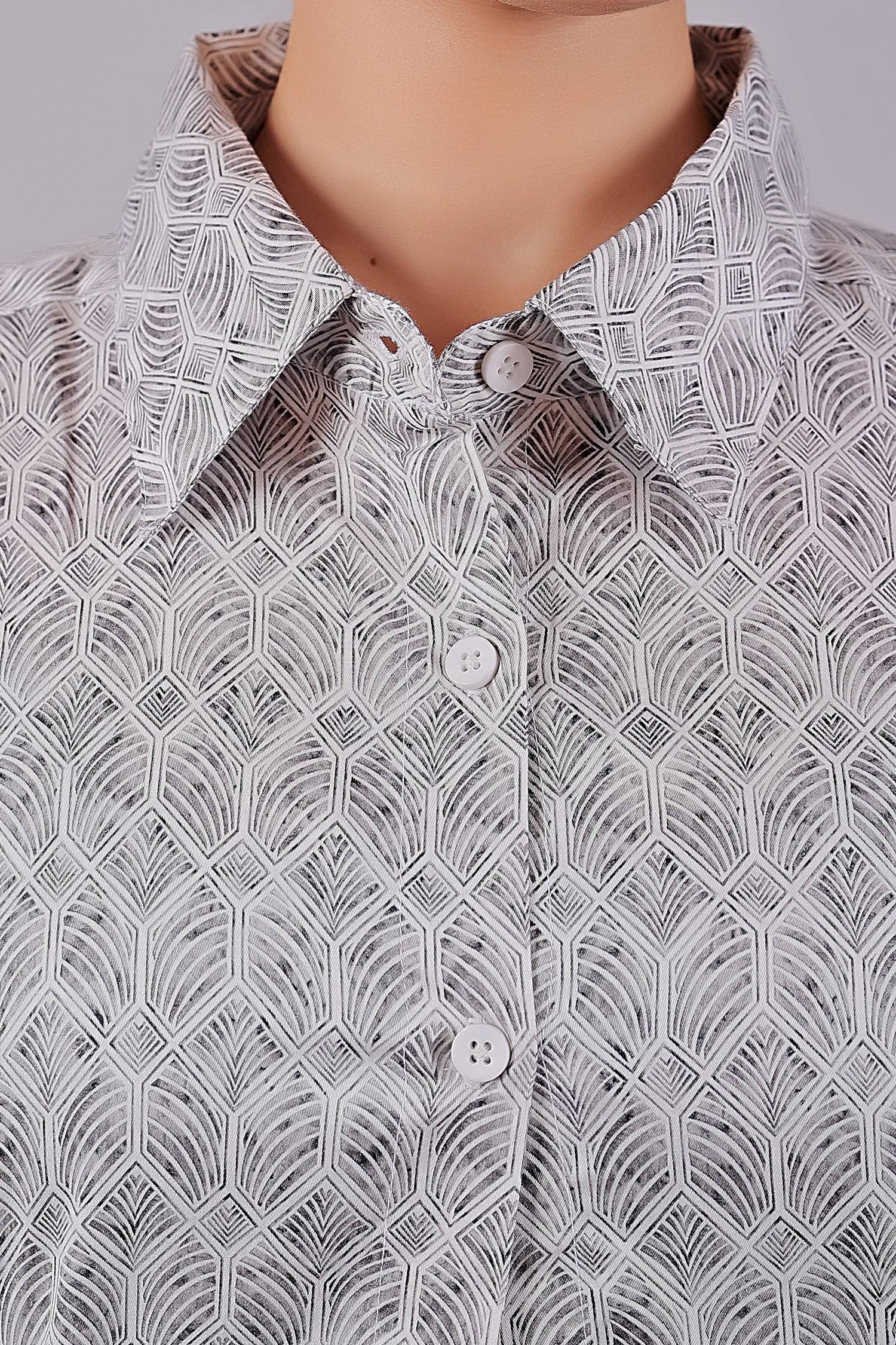 Bluebird Women's White Grey Print Satin Shirt - Distacart