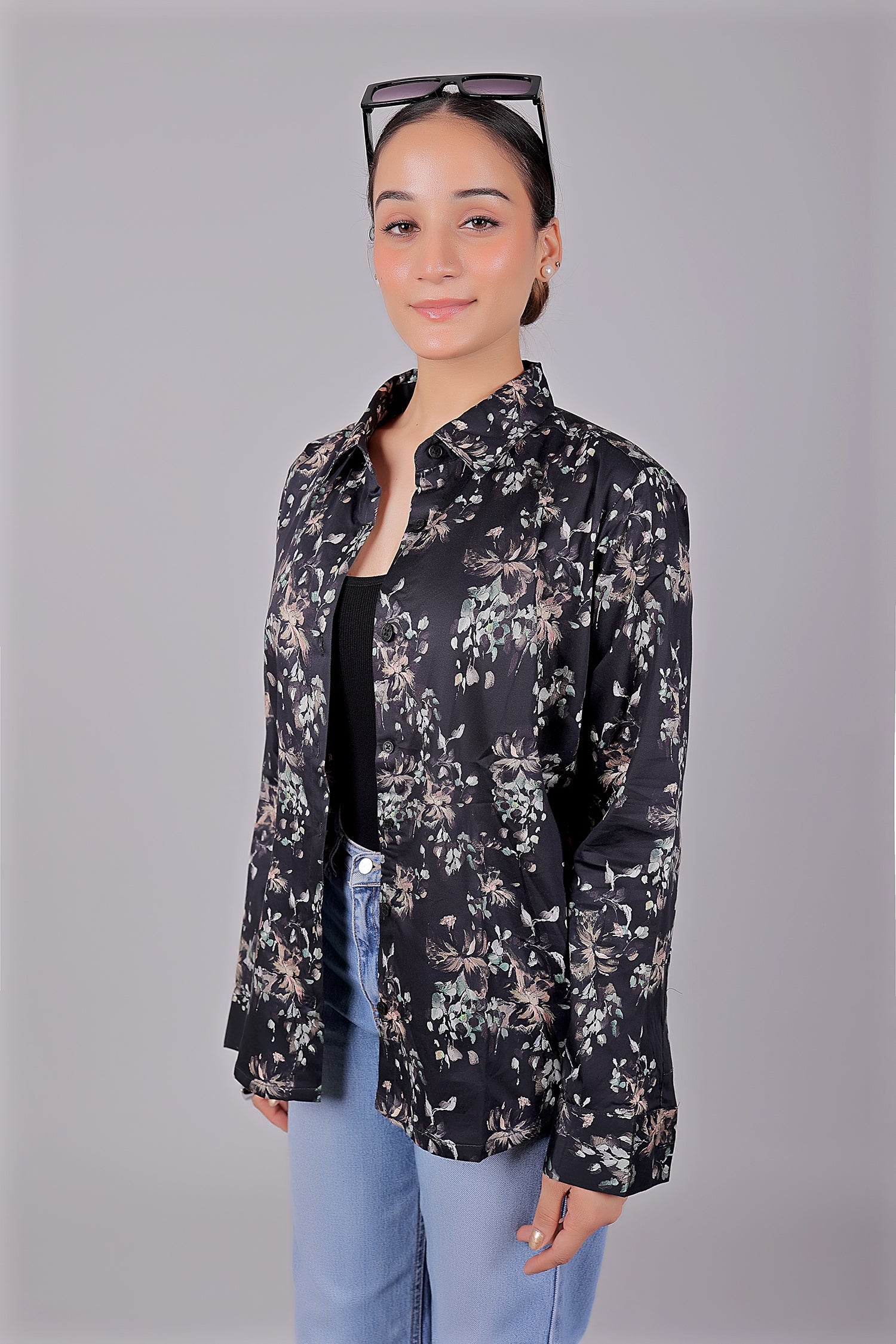 Bluebird Women's Black Floral Print Satin Shirt - Distacart