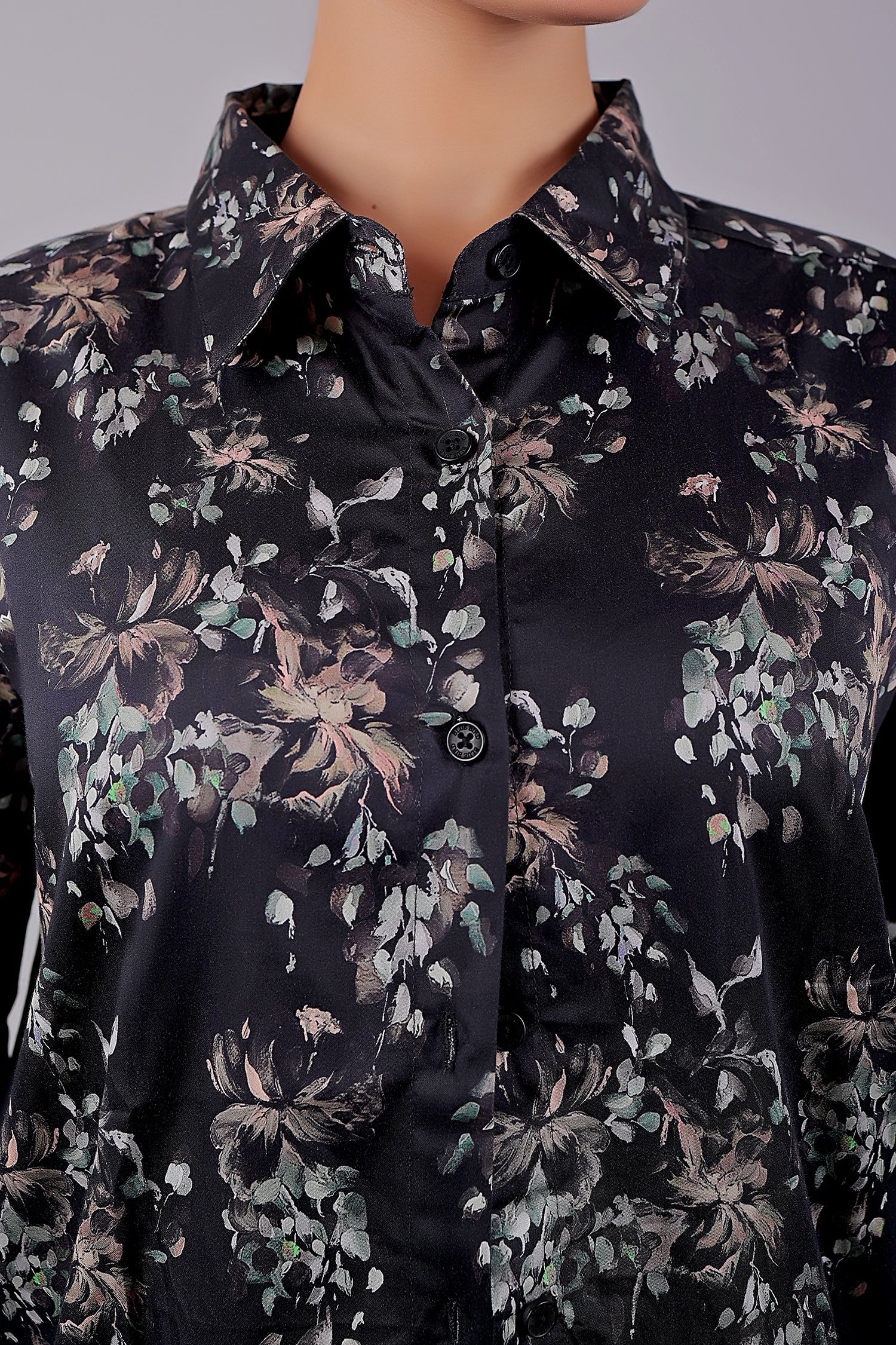 Bluebird Women's Black Floral Print Satin Shirt - Distacart