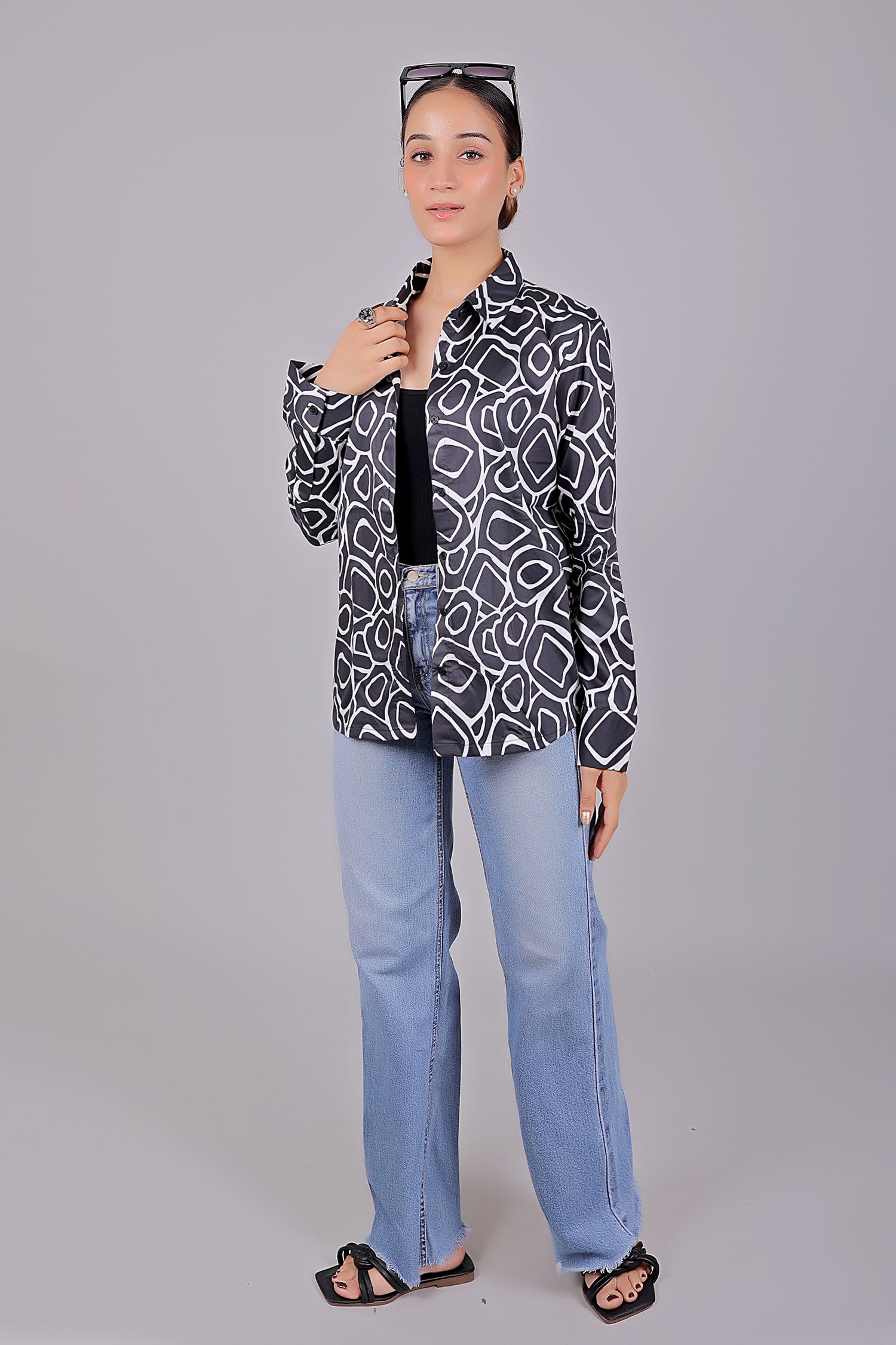 Bluebird Women's Black Print Satin Shirt - Distacart