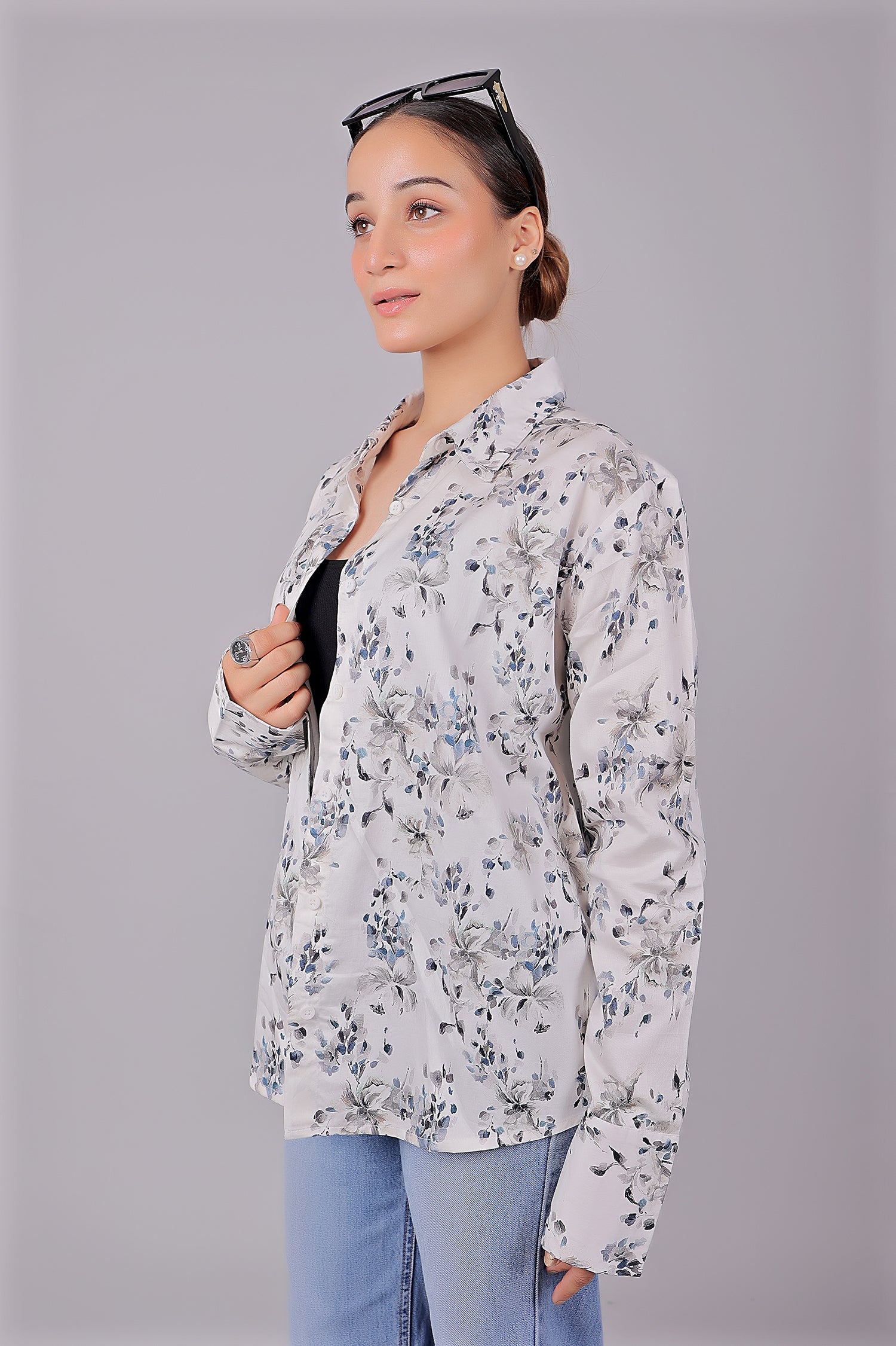 Bluebird Women's White Floral Print Satin Shirt - Distacart