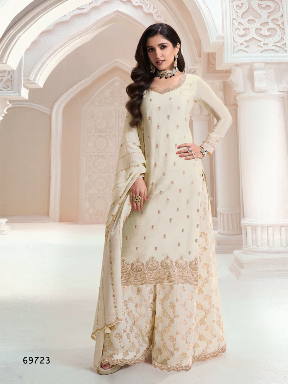 Aarshi Fashions Cream Green Jacquard Silk Full Stitched Palazzo Sets